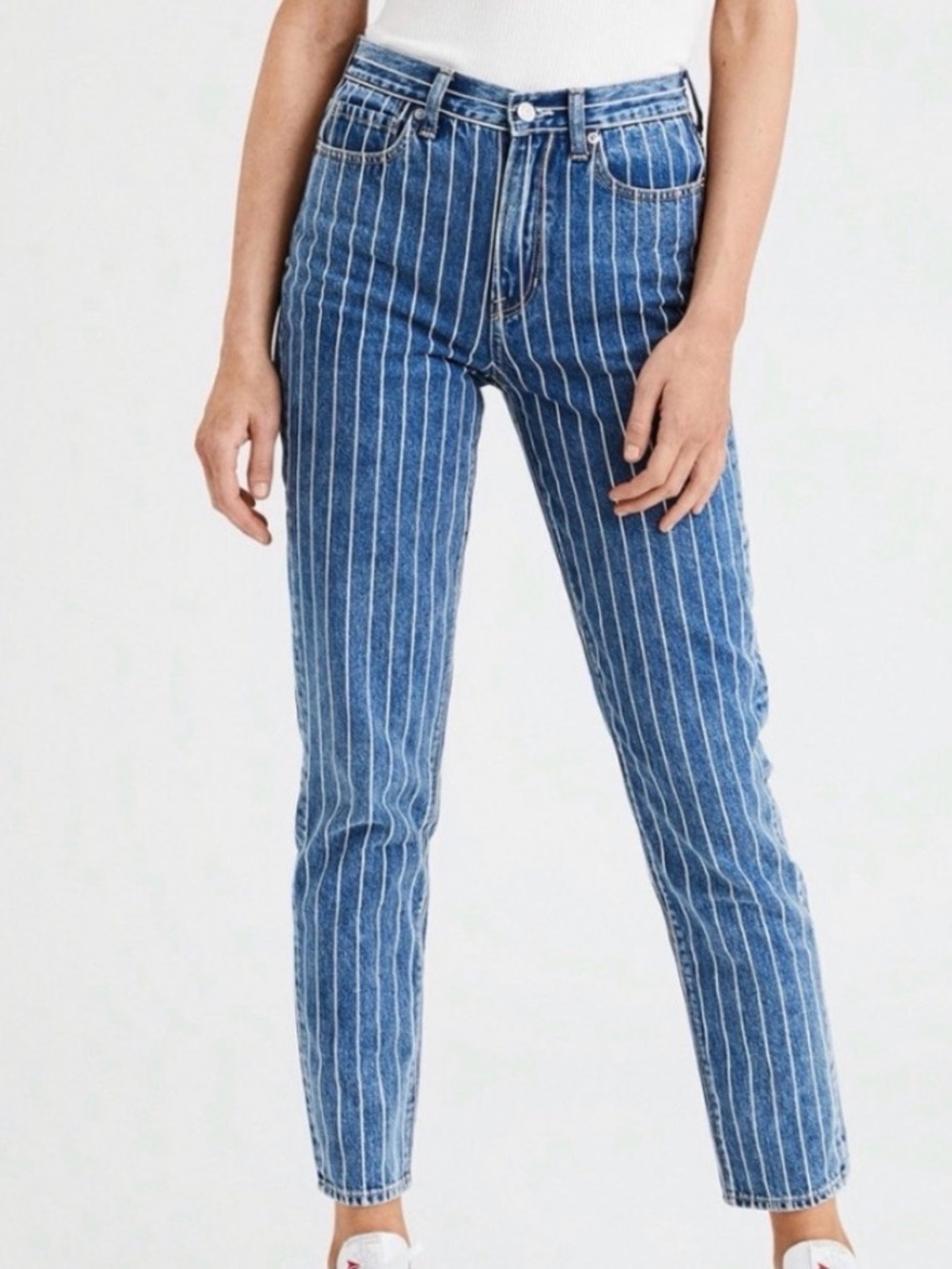 American Eagle Navy Blue Pinstripe High-Waist Mom Jeans